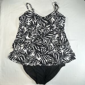 Leilani Tiered Tankini Black & White Tropical & Black High Waist Bottom 20W NWT